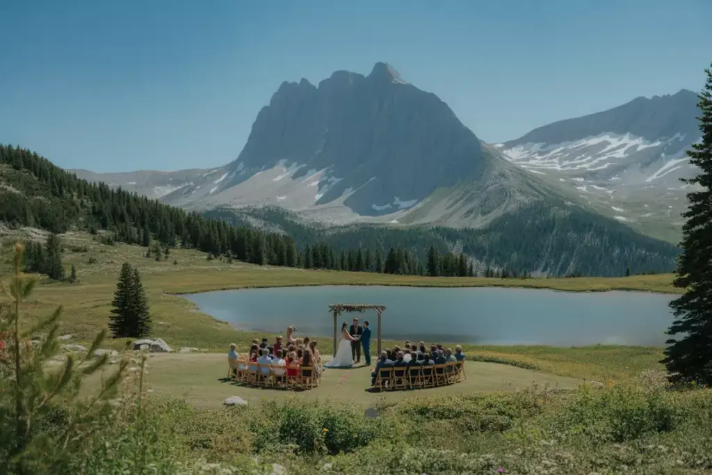 Alpine meadow wedding with mountain lake and snowy peak backdrop