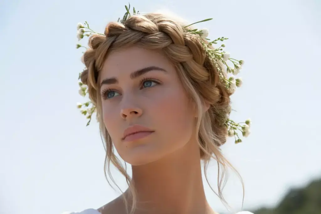 Braided crown with flowers and soft waves outdoor wedding