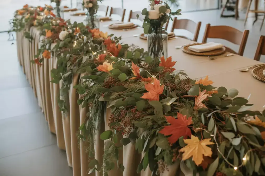 Cascading autumn leaf eucalyptus garland head table fairy lights
