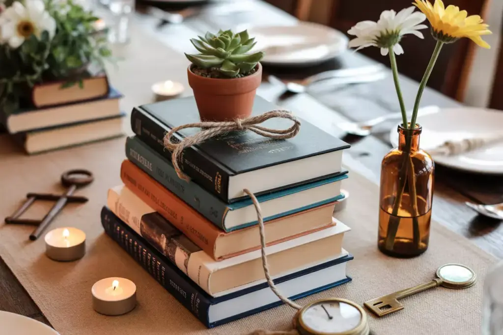 Stacked vintage books with succulent and tea light decoration