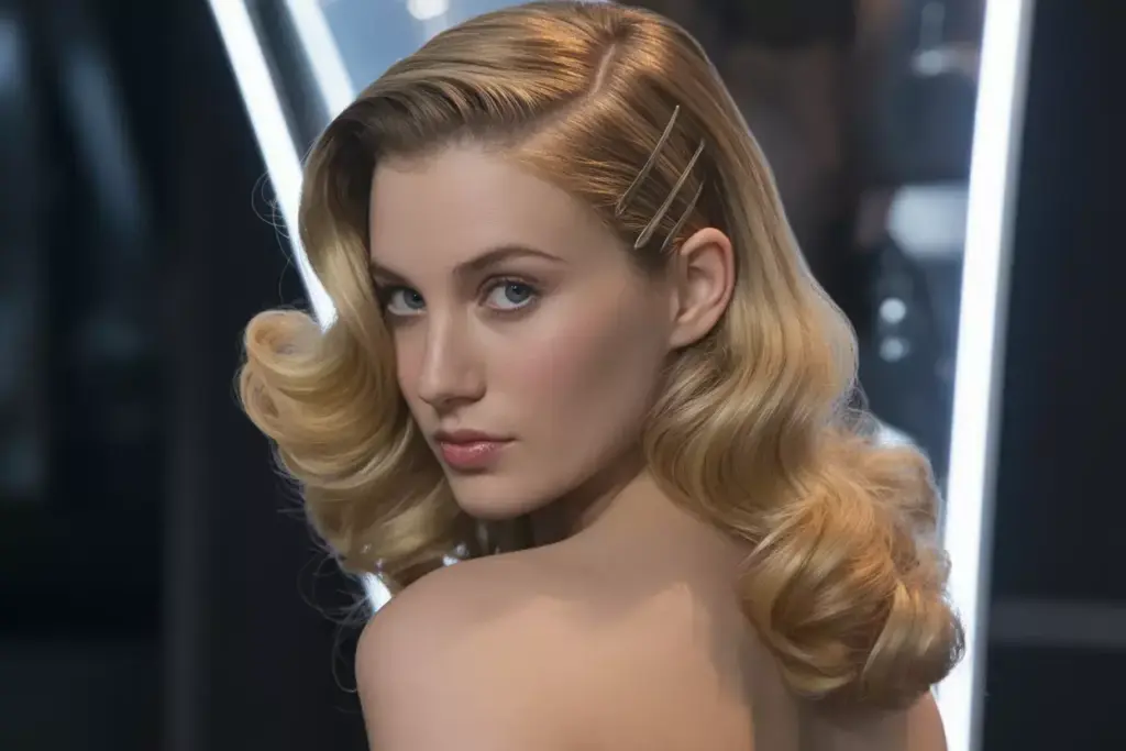 Glossy hollywood waves deep side part evening glamour