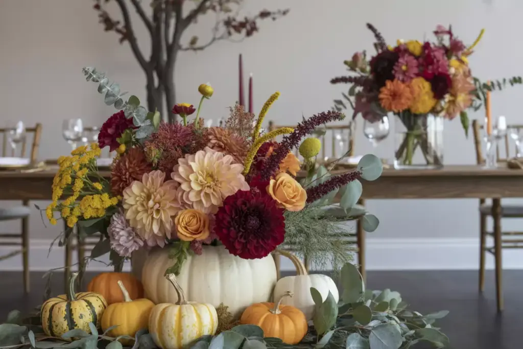 Lush dahlia chrysanthemum centerpiece white pumpkin vase autumn