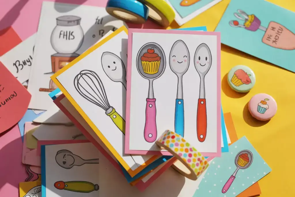 Whimsical illustrated recipe cards with cute kitchen doodles