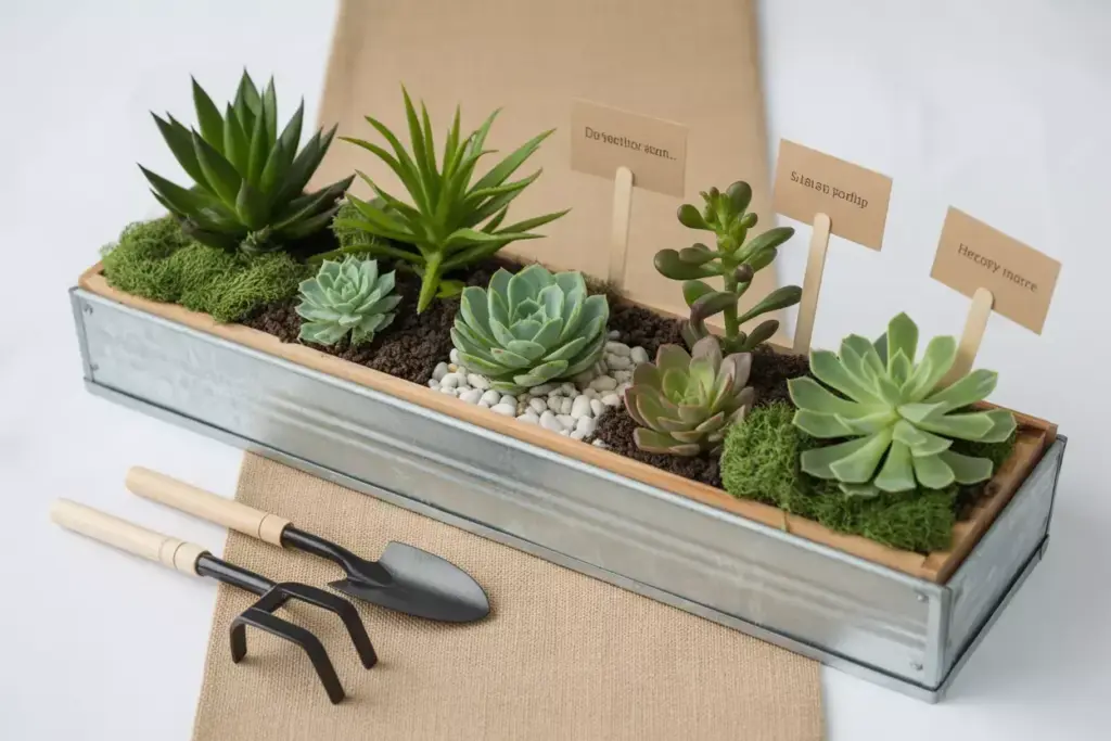 Wooden box succulent garden with moss and garden tools