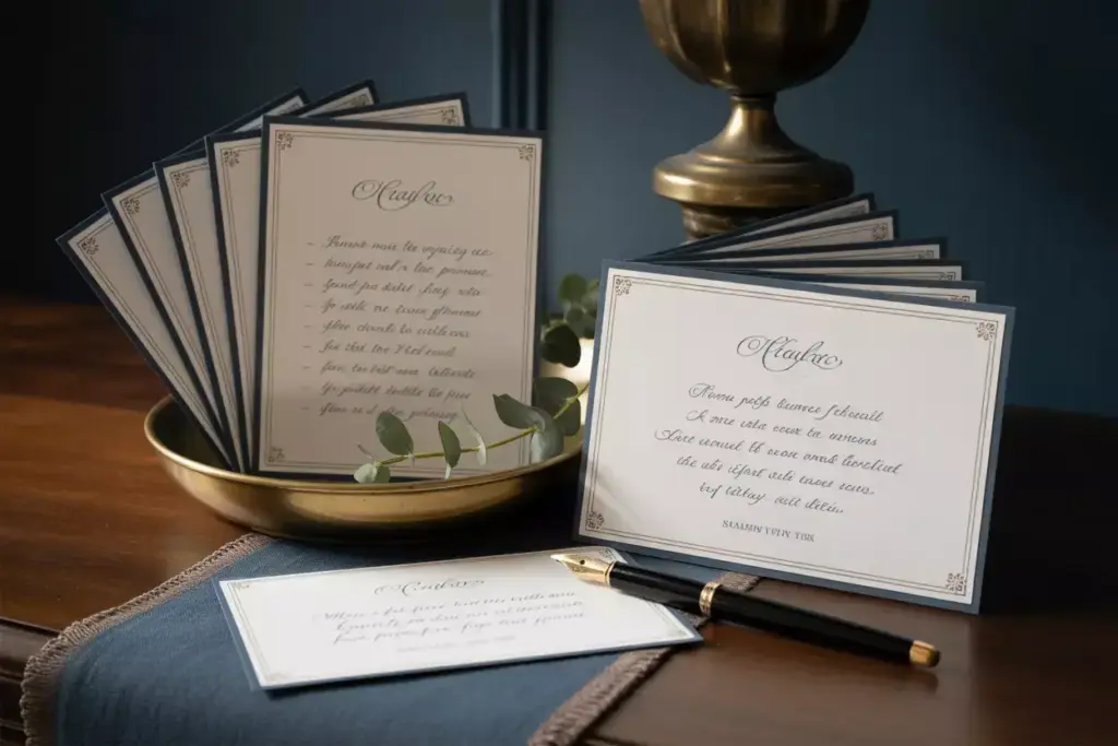 Elegant calligraphy recipe cards with gold nib pen on velvet