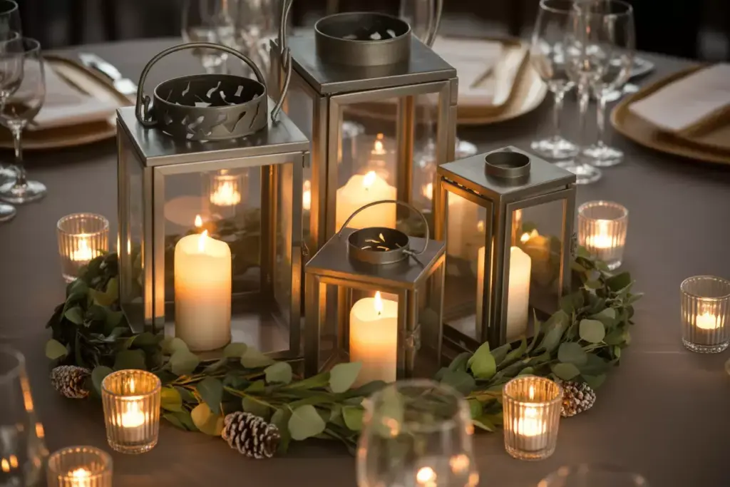 Metal lantern cluster with greenery and surrounding votive candles