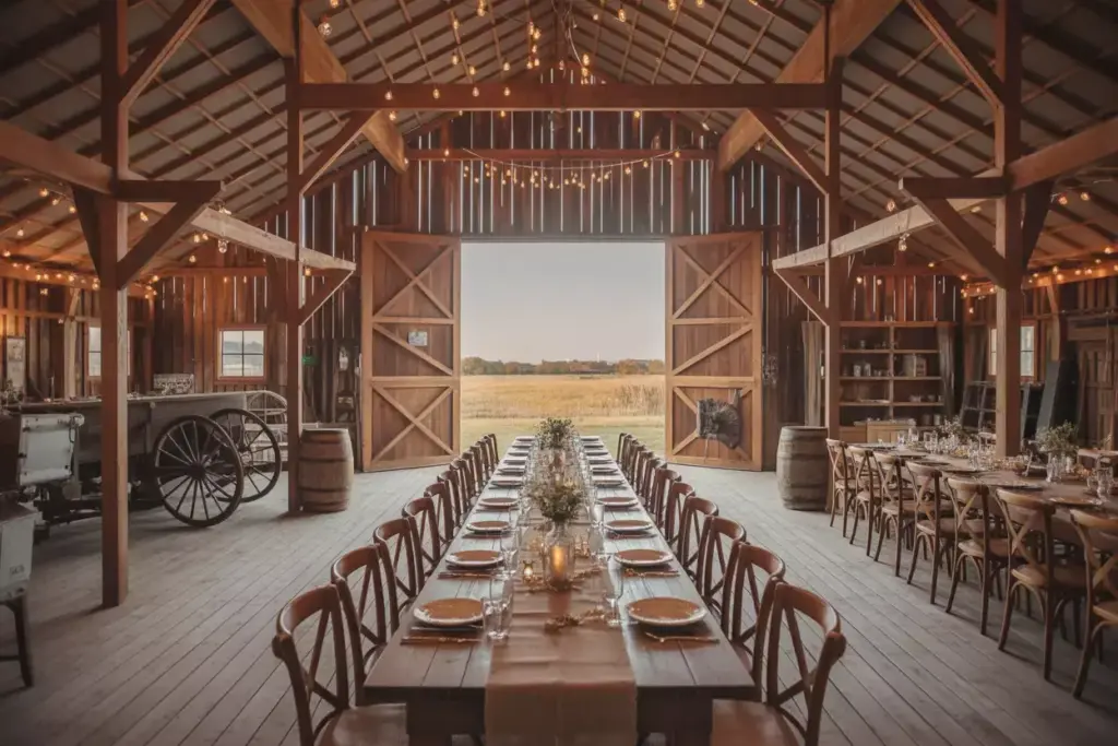 Rustic barn reception with exposed beams string lights and farm tables