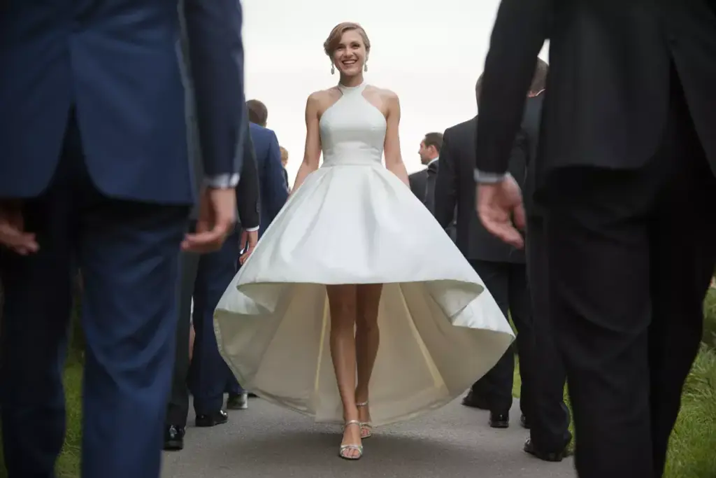 High low halter hemline wedding dress showcasing shoes