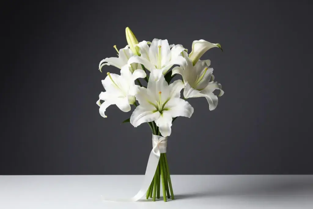 Sleek pure white calla lily bouquet minimalist studio shot