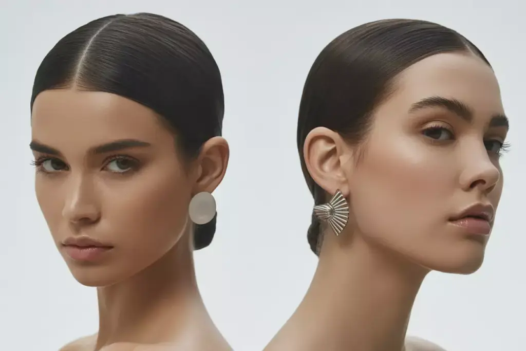 Sleek straight hair with precise part and bold earrings