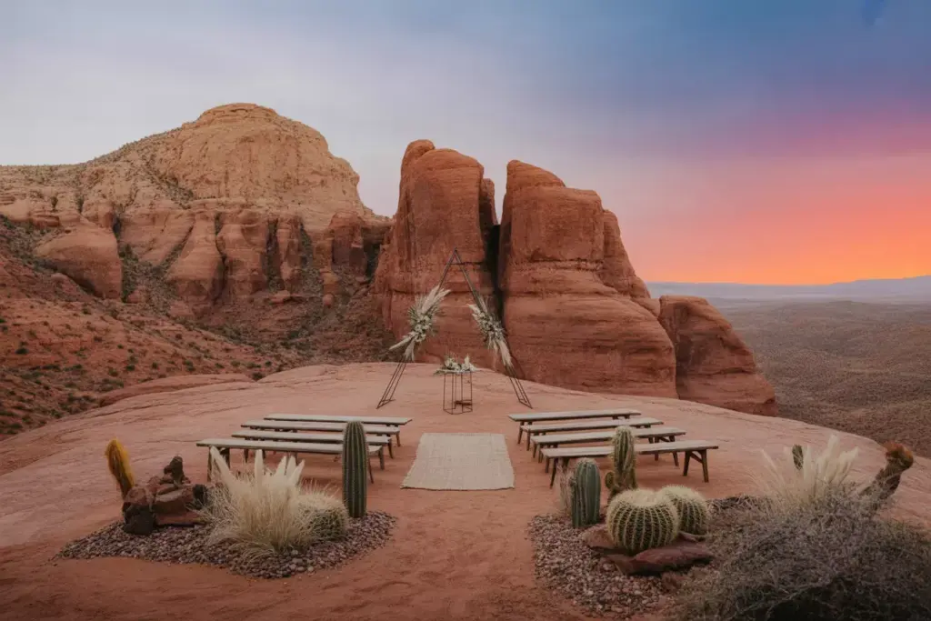 Desert wedding ceremony with red rock formations at sunset