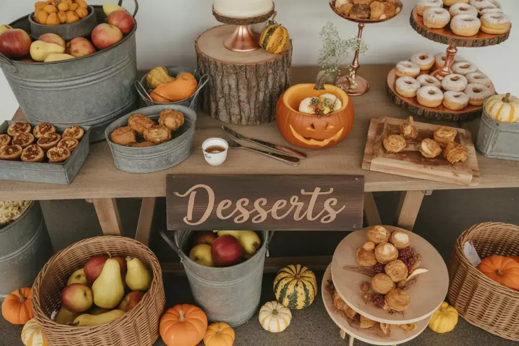 Harvest dessert station wooden table pumpkin pies apple display