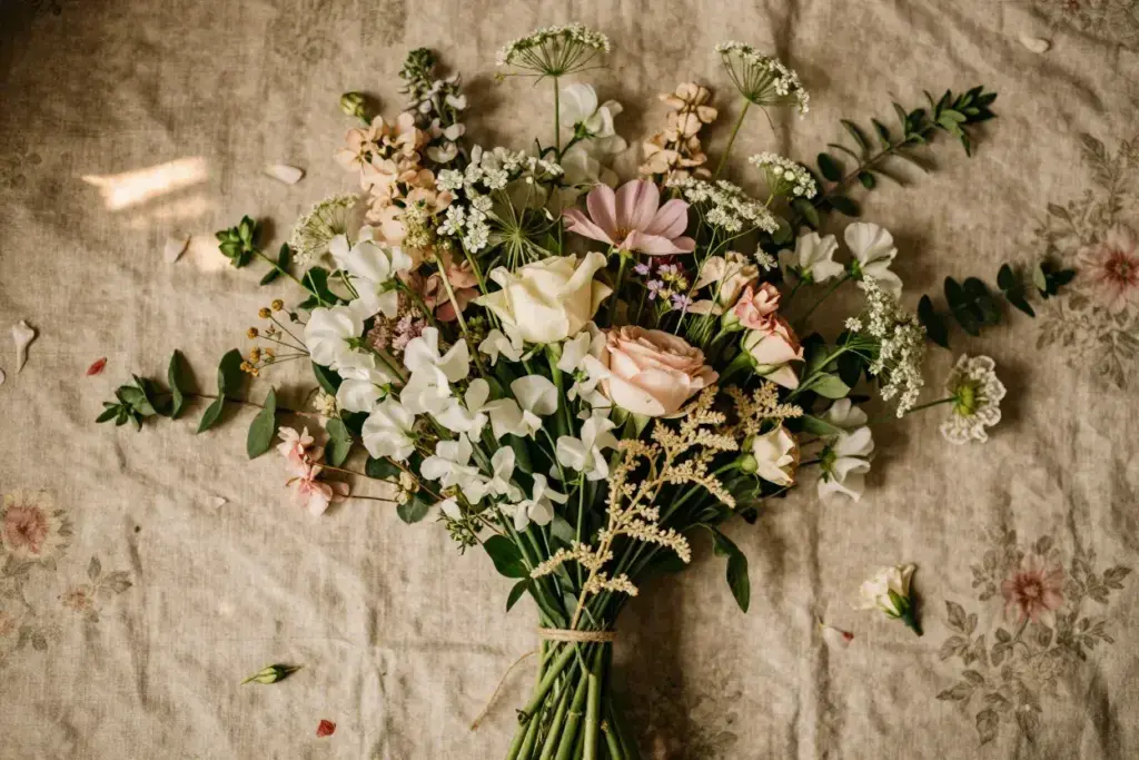 Organic mixed spring wildflower bouquet on vintage floral tablecloth