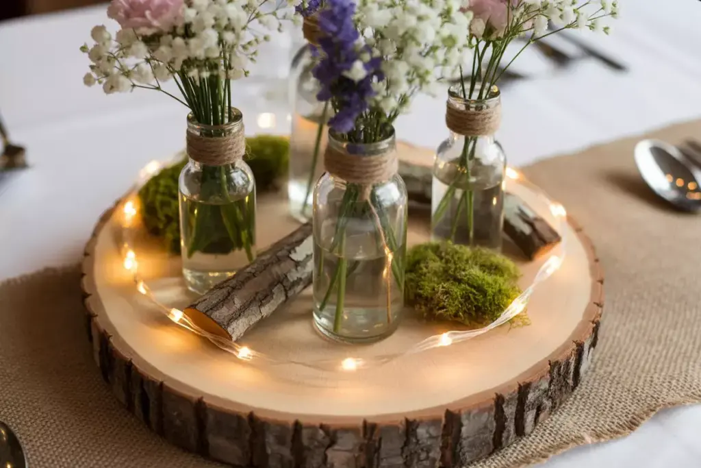 Wood slice with bottled flowers moss and twinkling string lights