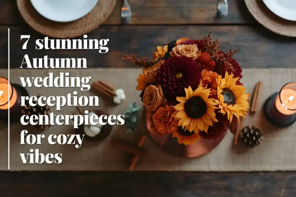 Autumn wedding centerpiece with copper vessel burgundy flowers and candlelight
