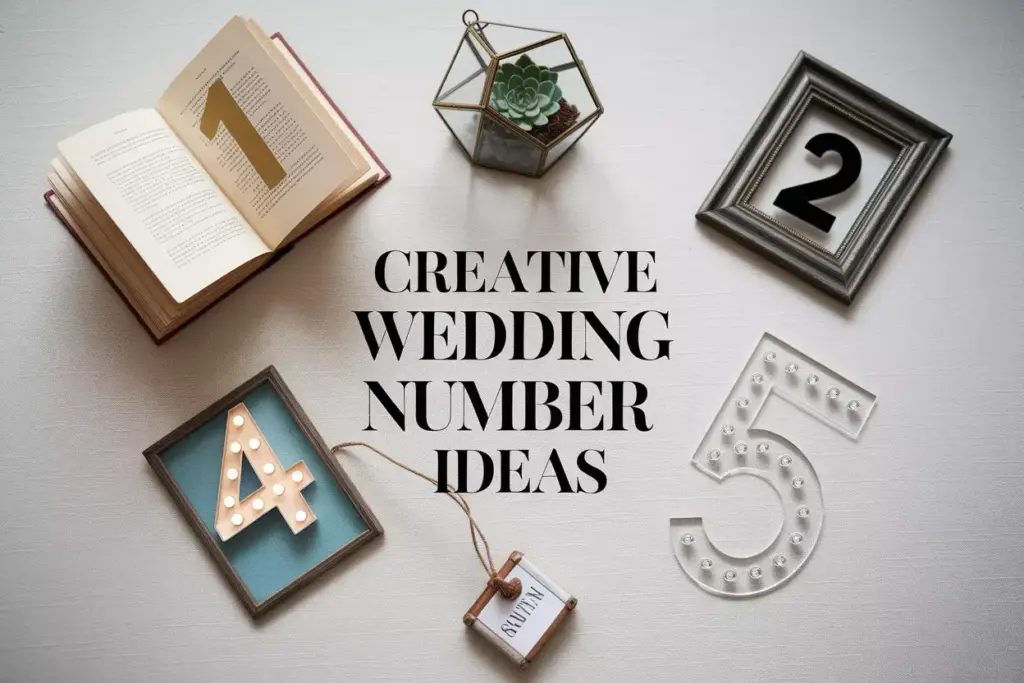 Flat lay showcase seven unique wedding table number concepts