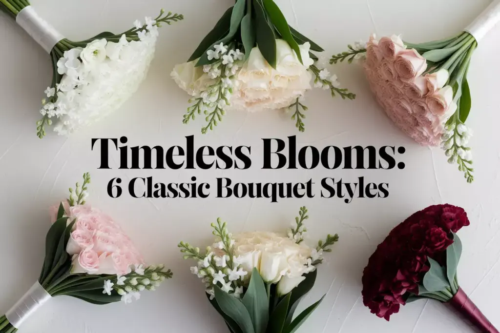 Lily valley six classic wedding bouquet styles on white surface