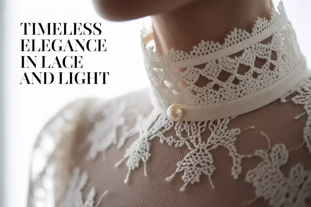 Macro detail chantilly lace high neck wedding dress collar pearl button