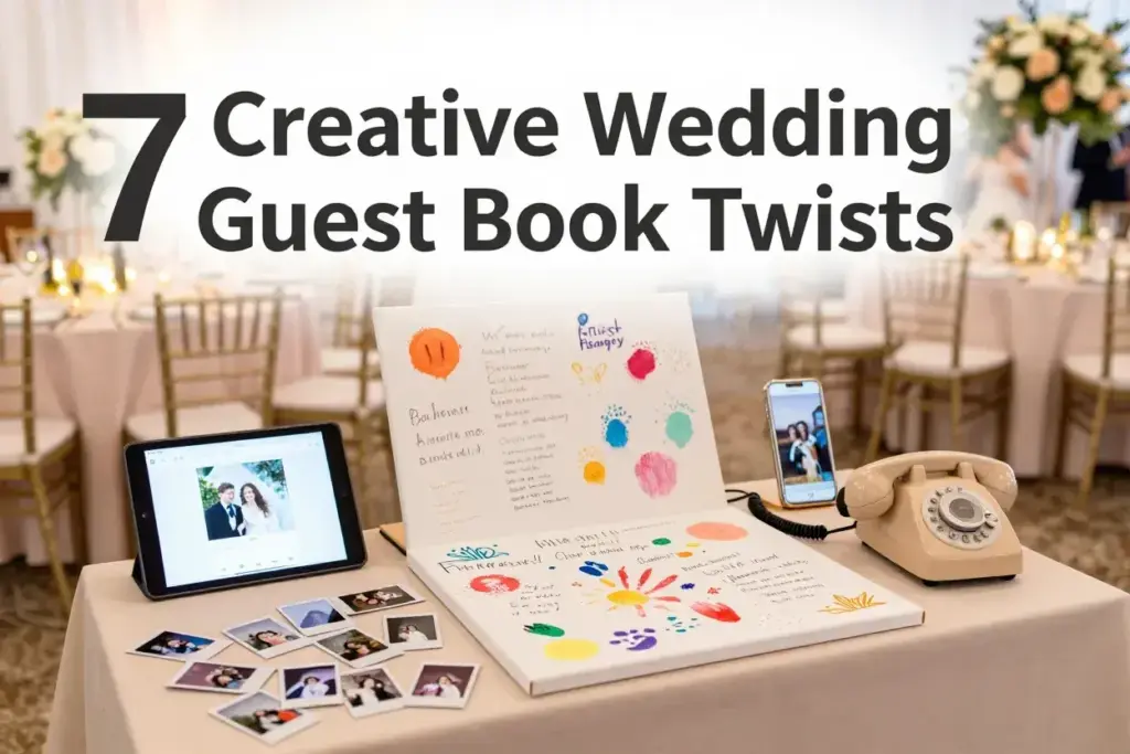 Modern wedding guest book station featuring creative twists