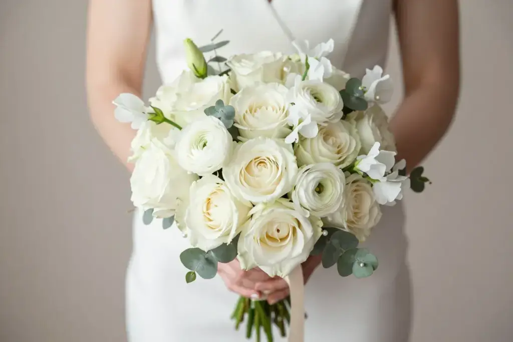 All white garden rose hand tied bouquet with silk ribbon
