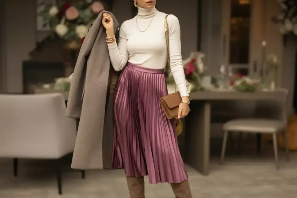 Cashmere turtleneck pleated skirt suede boots winter bridal portrait