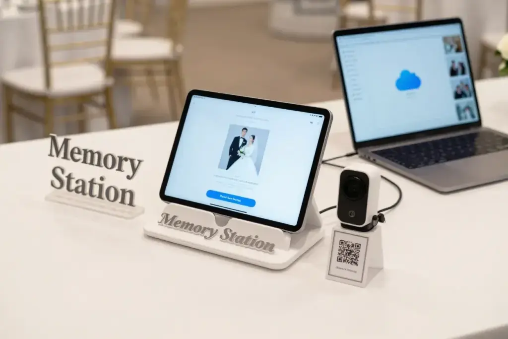 Modern tablet webcam and qr code digital memory station setup