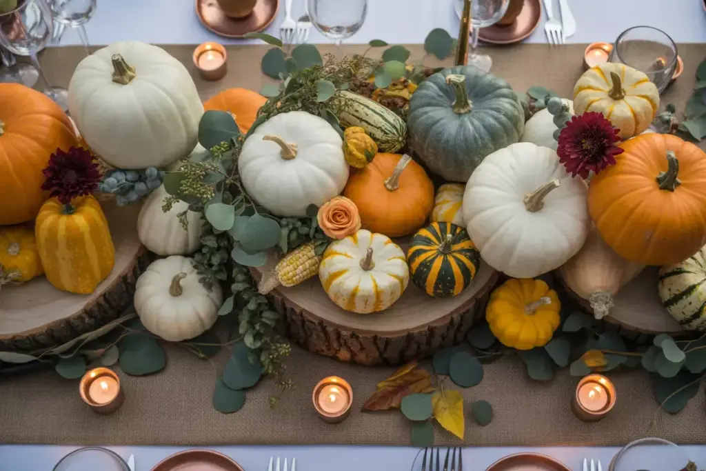 Overhead tablescape of multi level pumpkin gourd and floral autumn centerpiece