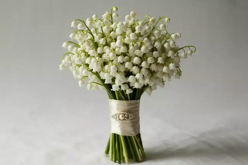 Tightly bound all white lily of the valley bouquet with silk ribbon