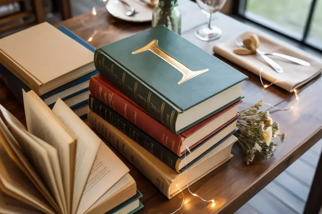 Vintage books stacked with gold number and fairy lights on wood table