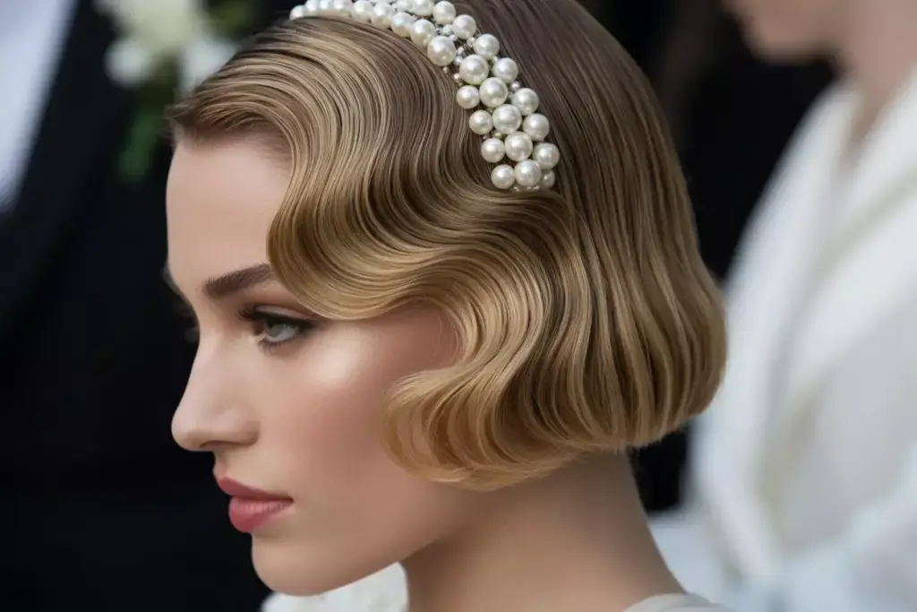 Vintage finger wave bob pearl hair accessories side part