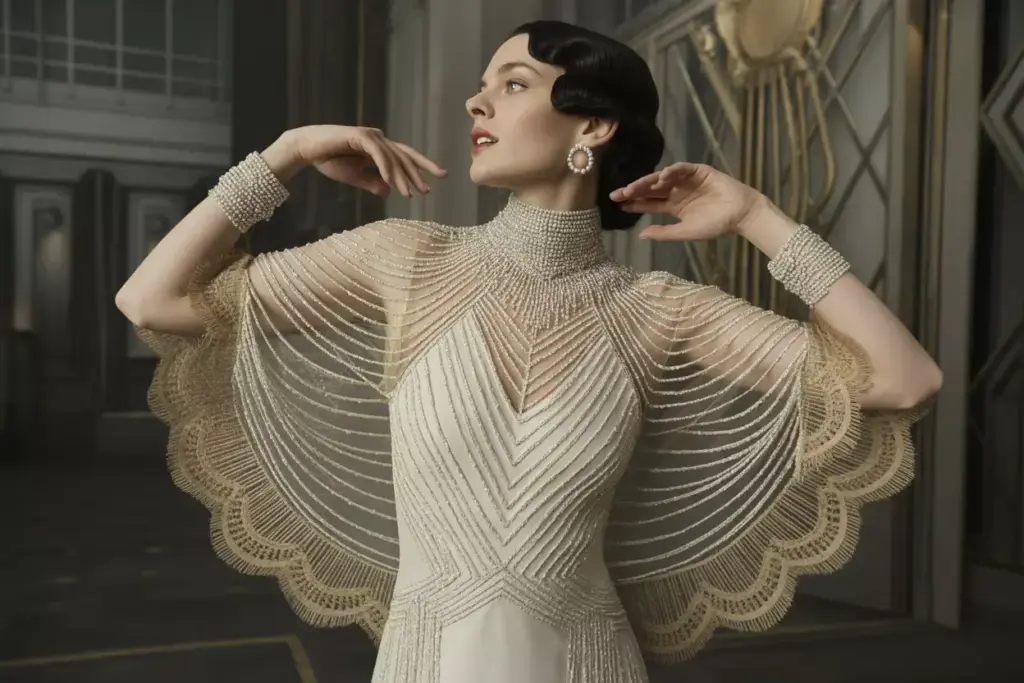 Art deco glamour geometric lace jeweled high collar dropped waist