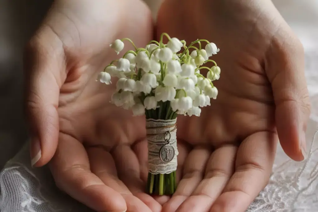 Petite vintage lily of the valley bundle with lace and charm