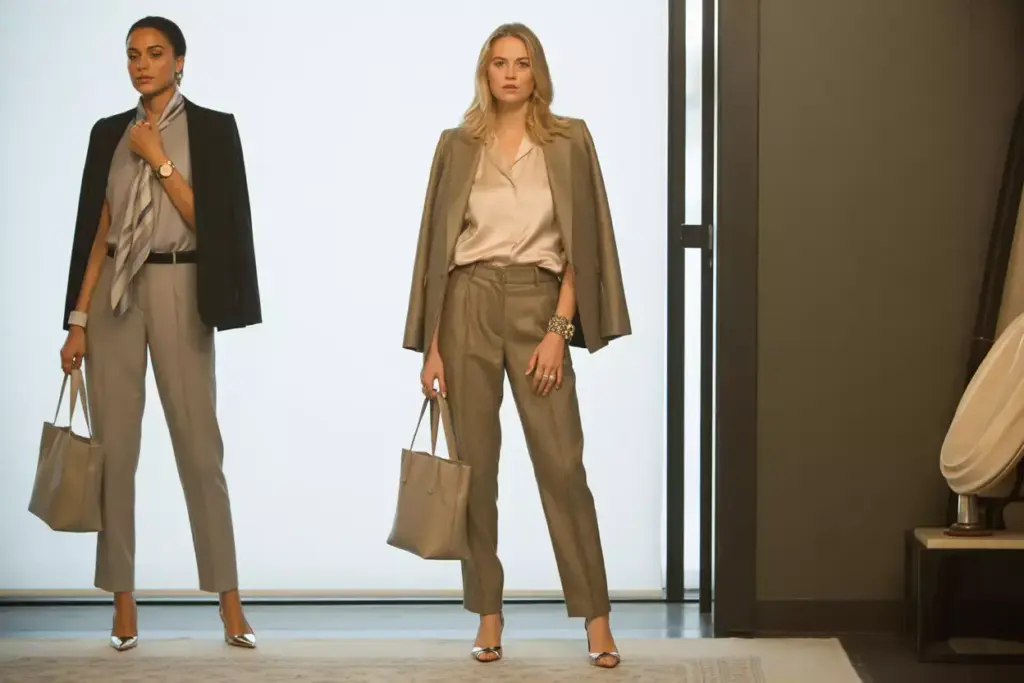 Silk blouse wool blazer tailored trousers ankle boots professional chic