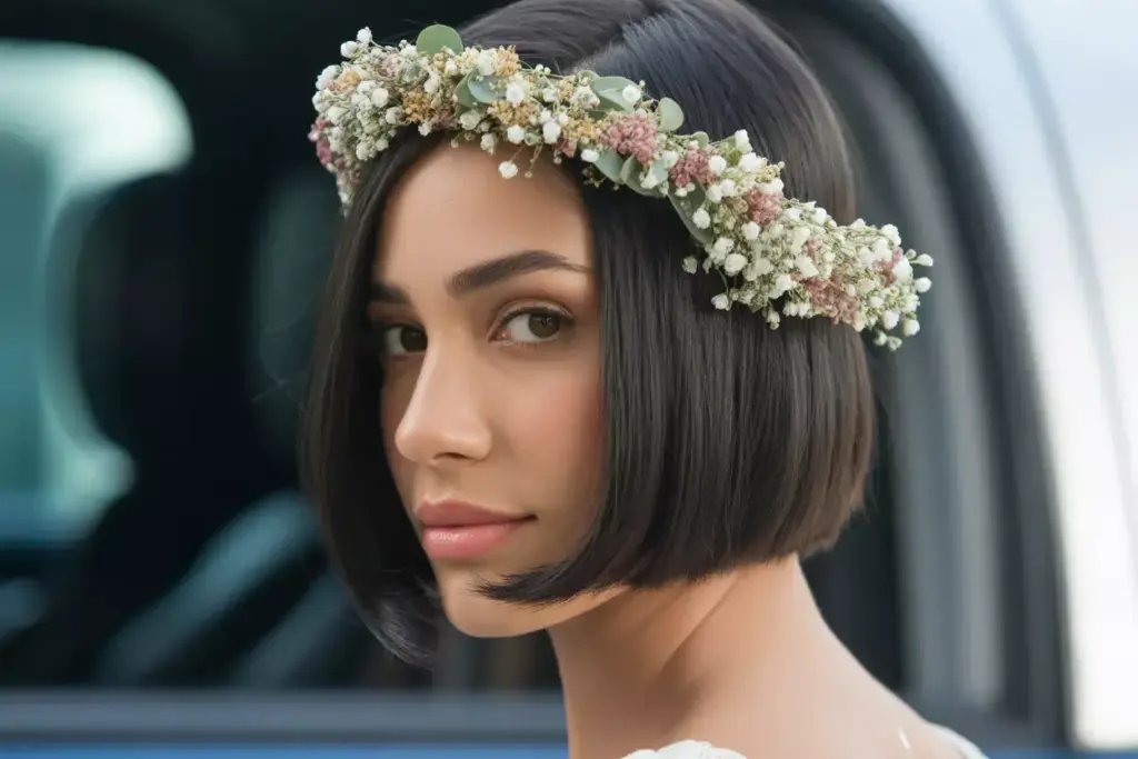 Sleek side swept bob deep part delicate floral crown