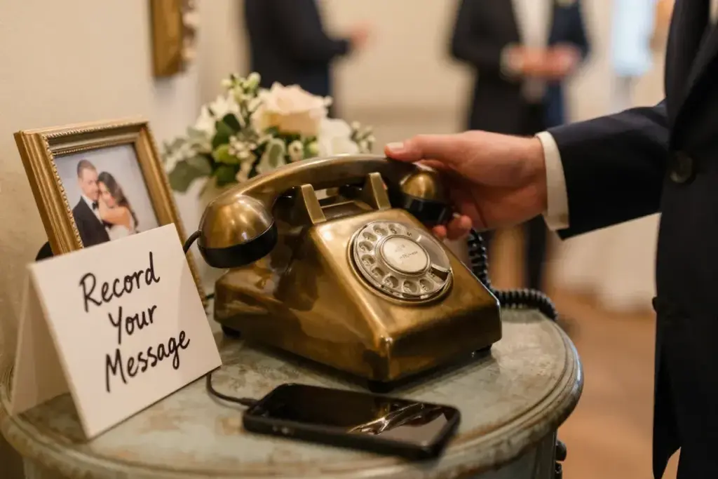 Vintage rotary phone and hand recording audio guest message