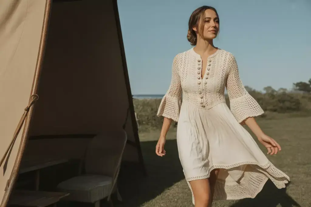 Bohemian vintage crochet lace mandarin collar empire waist garden