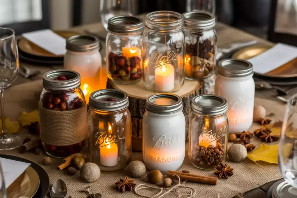 Clustered mason jars with candlelight and autumn fillings on wood table