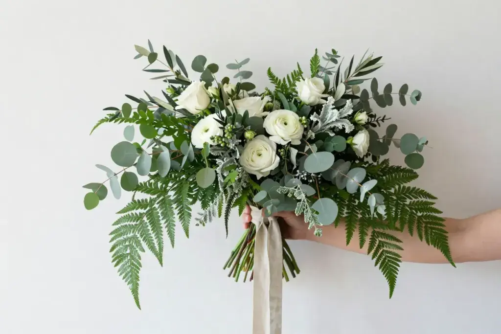 Lush green white cascading natural bouquet