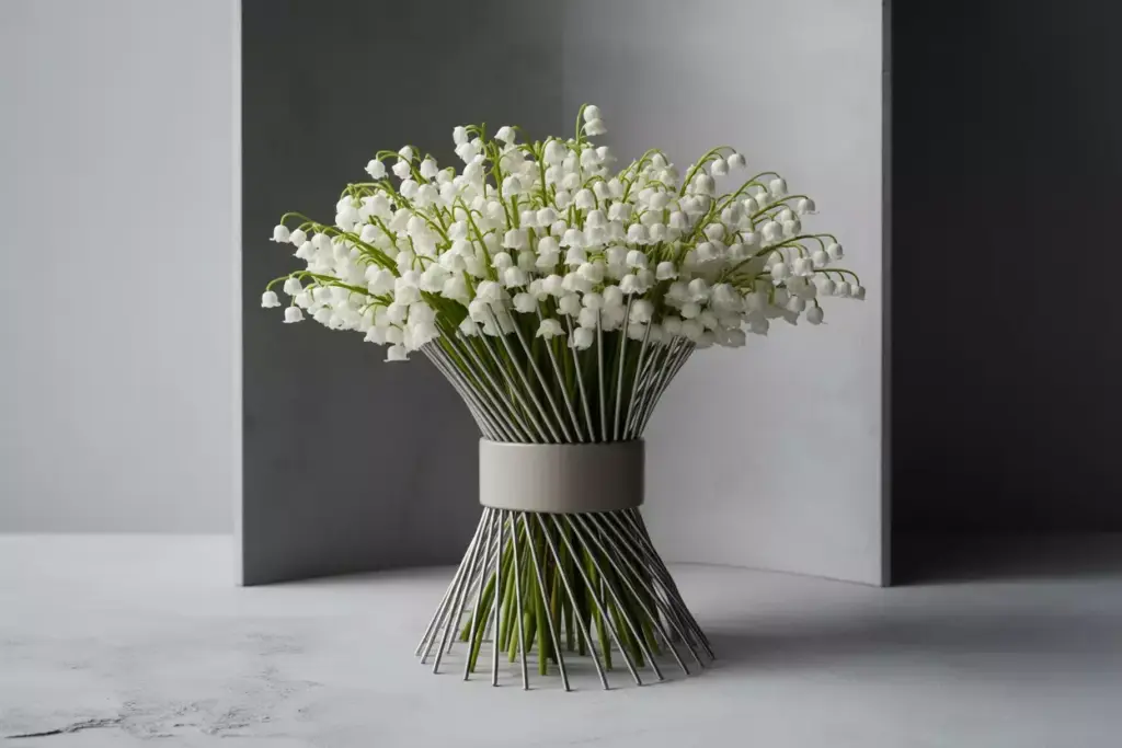 Modern geometric lily of the valley bouquet with metallic wire