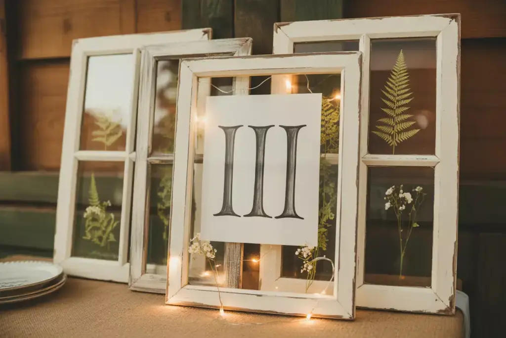 Weathered window frame with pressed flowers and string lights