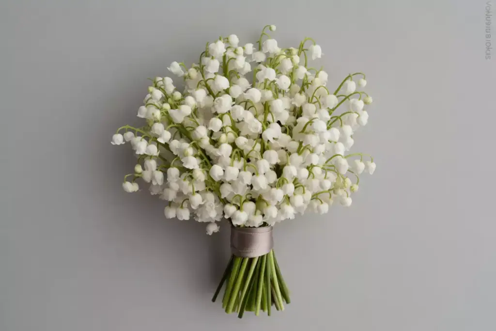 Compact circular lily of the valley posy with sleek ribbon wrap