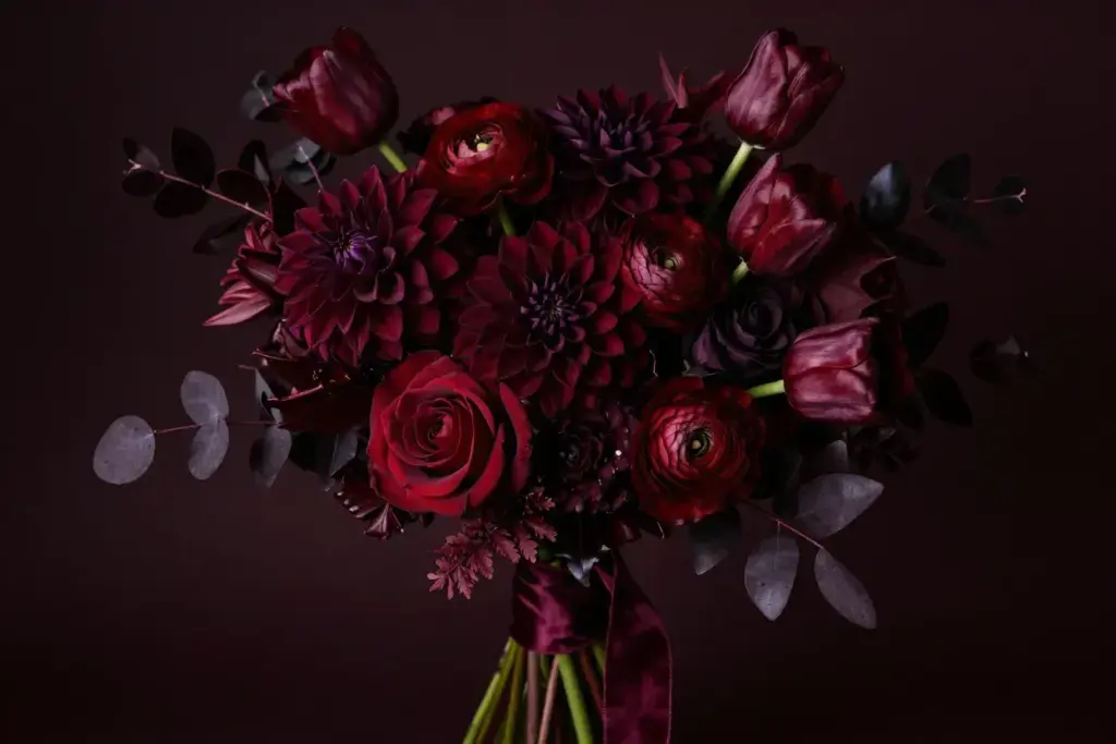 Deep burgundy dahlia velvet ribbon fall bouquet