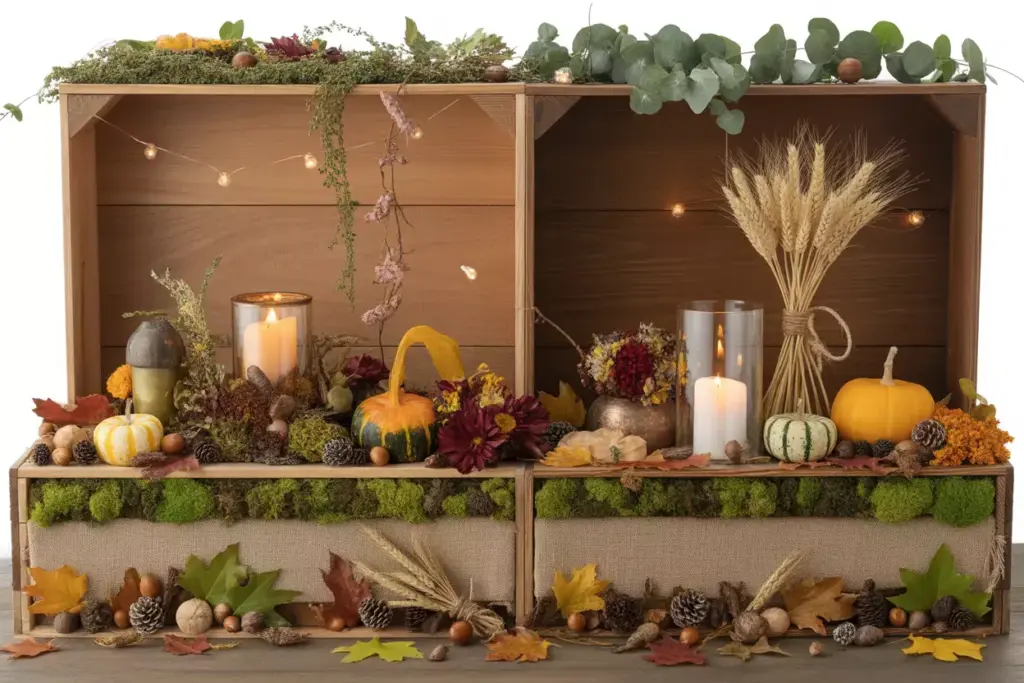 Layered wooden box centerpiece with flowers pumpkins and harvest elements