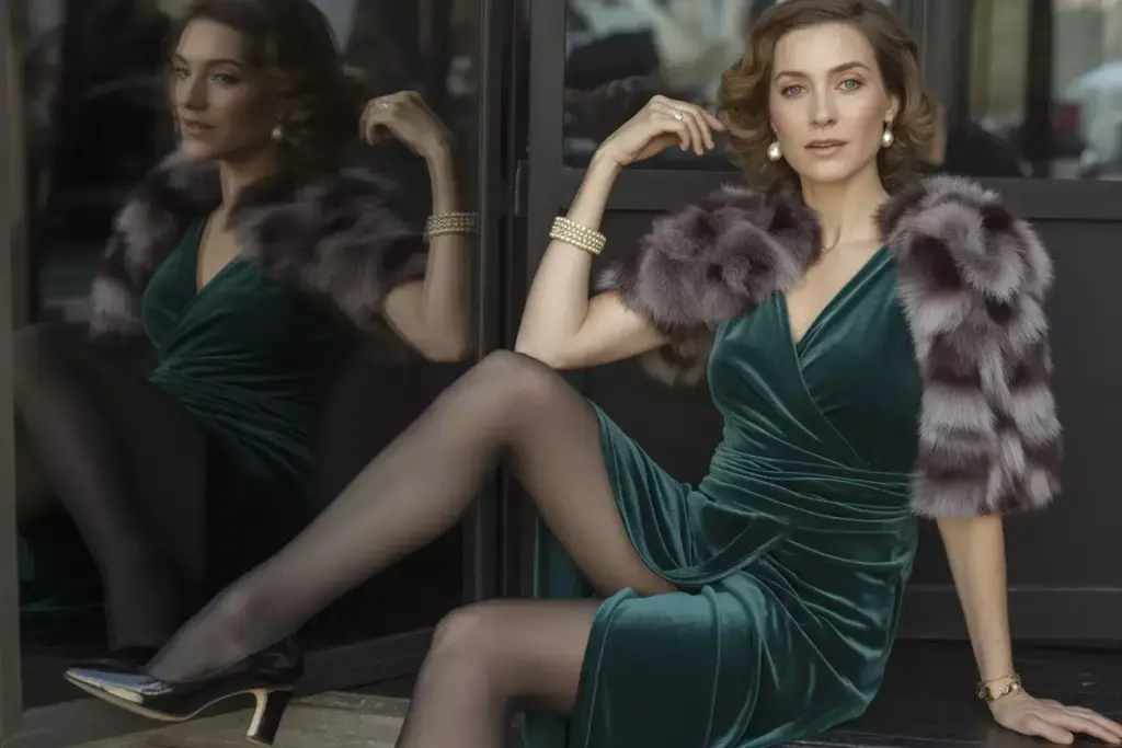 Velvet wrap dress faux fur stole block heels opaque tights luxe