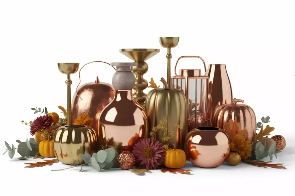 Autumn centerpiece with copper bronze vessels and gold pumpkins among flowers