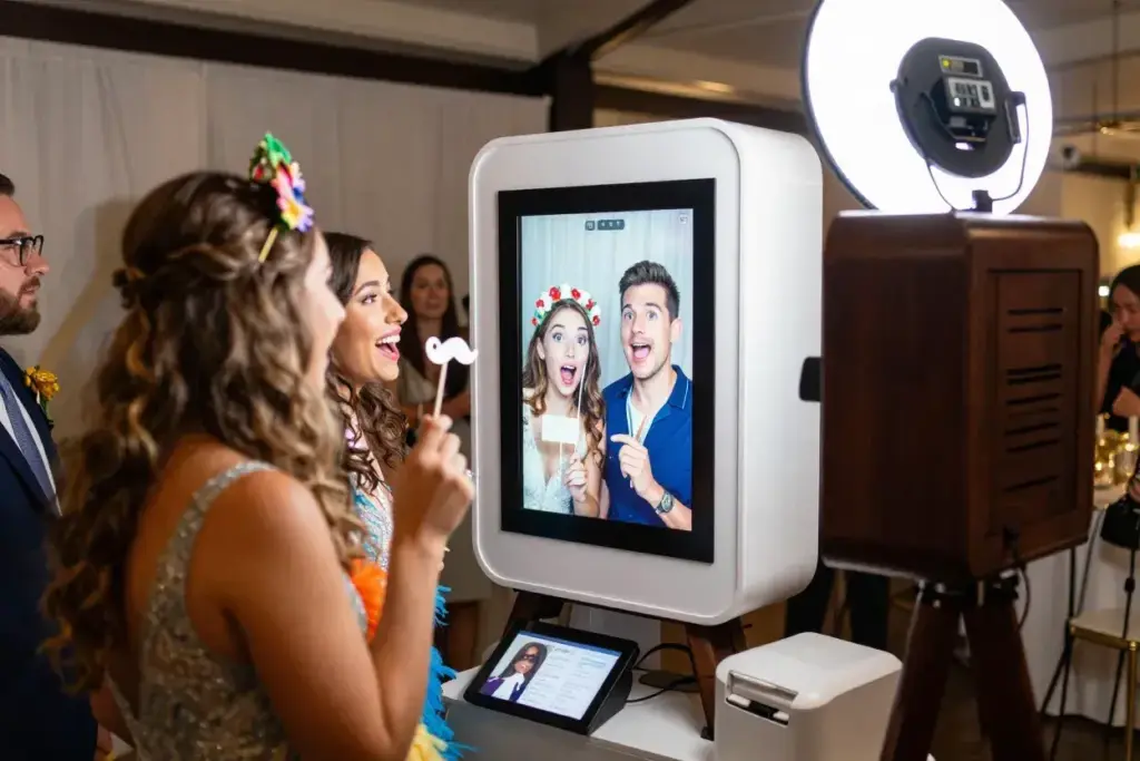 Guests using touchscreen photo booth with digital filters at wedding