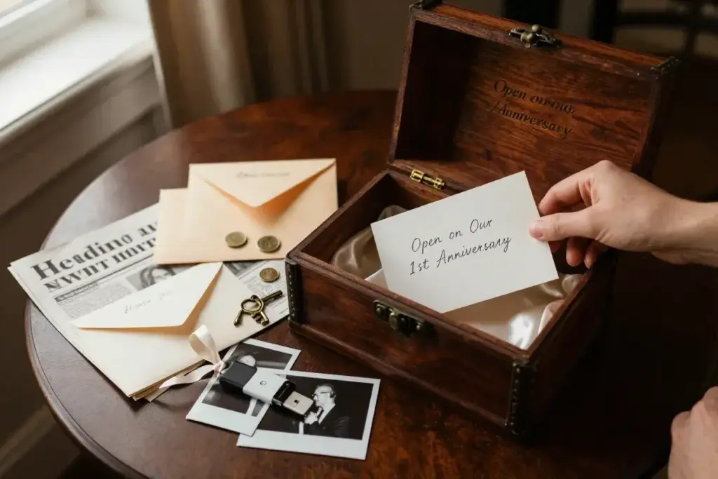 Open wooden chest time capsule with letters and mementos from guests