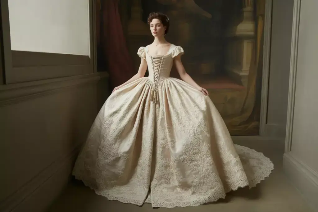 Renaissance revival venetian lace portrait neckline ballgown train