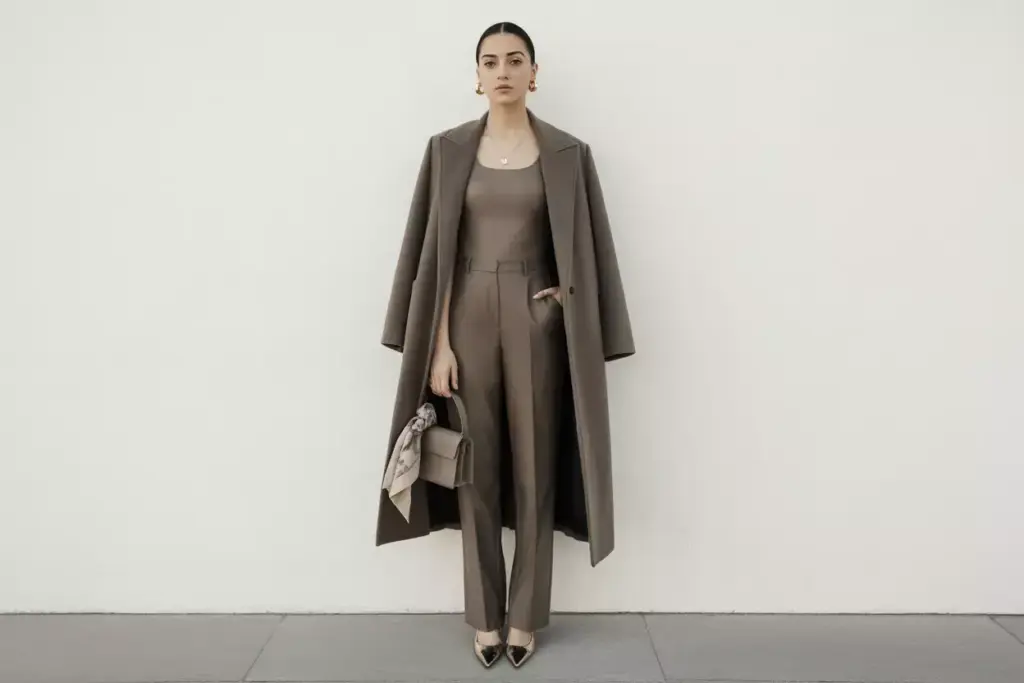 Tailored wool coat bodysuit trousers patent flats minimalist chic