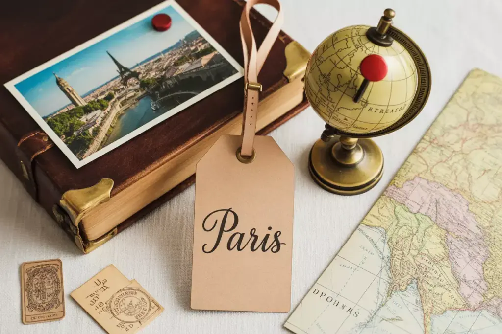 Vintage travel flat lay with globe postcard and leather luggage tag